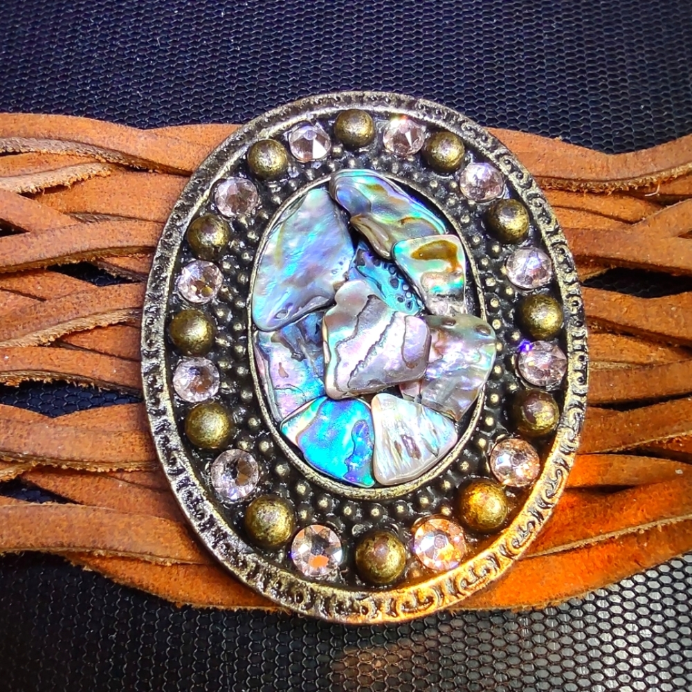 Leather Rock Bracelet Australian Crystals Iridesant Natural Chips Leather Band